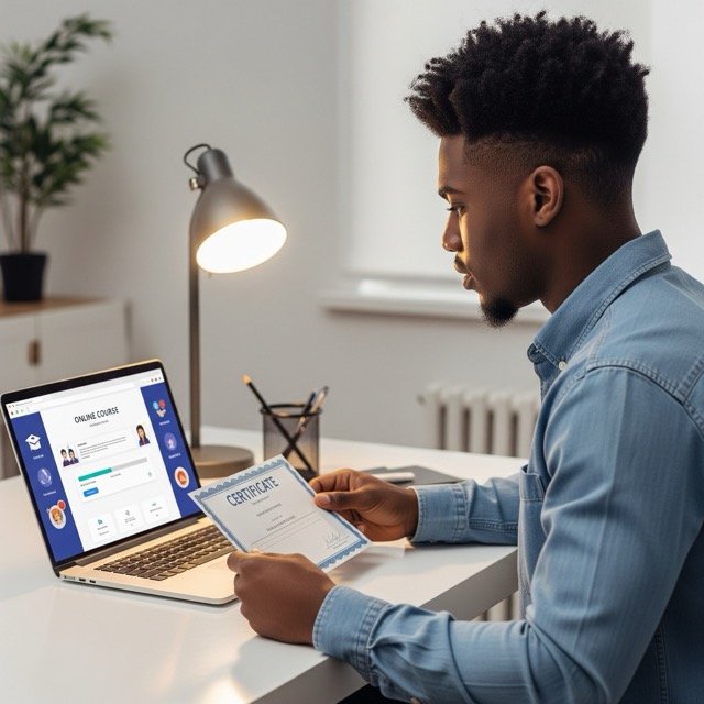 A smiling man sits at his desk, proudly holding a certificate of completion next to his laptop, which displays an online course platform
