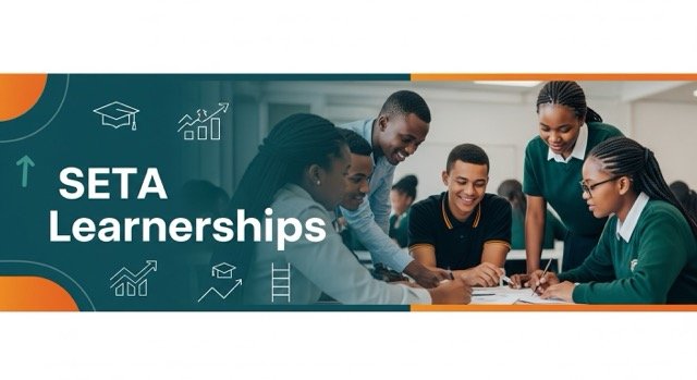 A banner promoting SETA Learnerships, showing a group of young South African students working together. The banner includes icons for education and career growth.