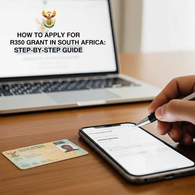A smartphone displaying the online application for the South African R350 grant, with a South African ID card on a desk, representing the step-by-step application process.