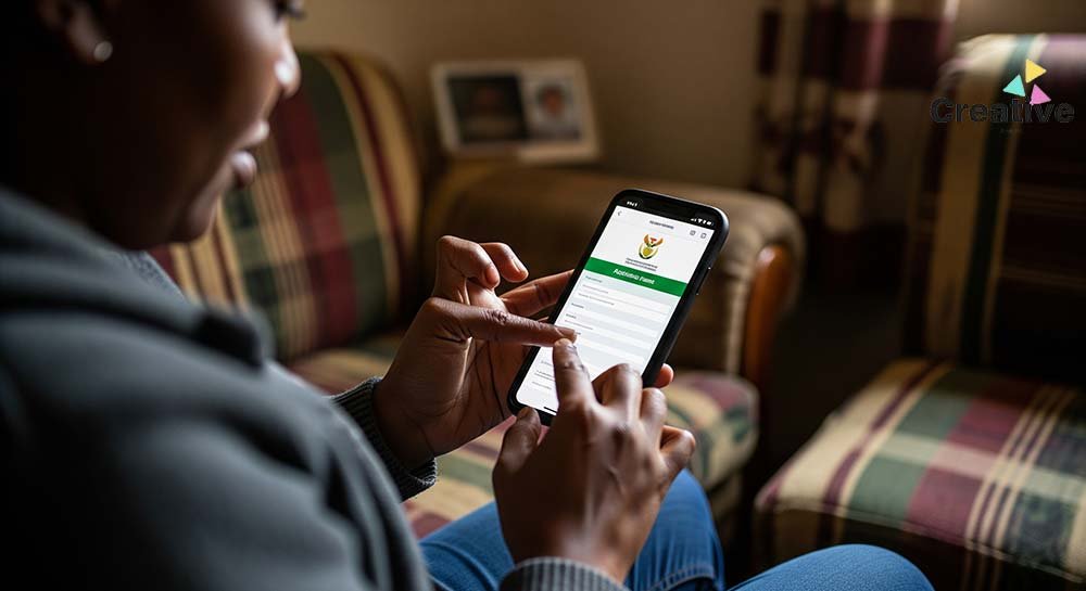 A person sitting on a couch, focused on their smartphone screen as they fill out the application on how to apply for r350 grant.